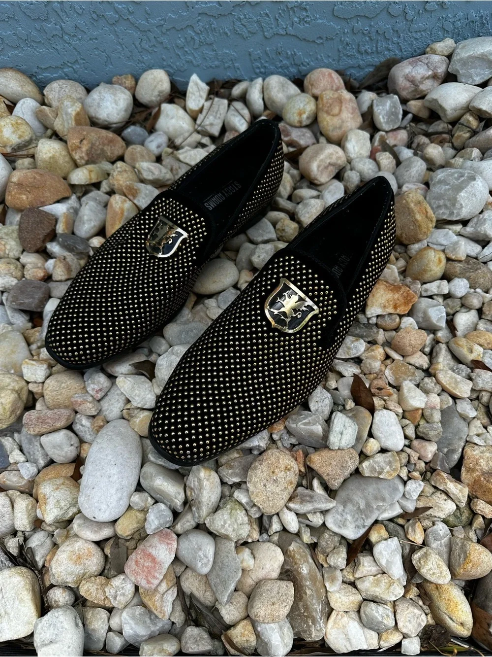 Stacy Adams Black Velvet Studded Slip-On Loafers with Gold Crest